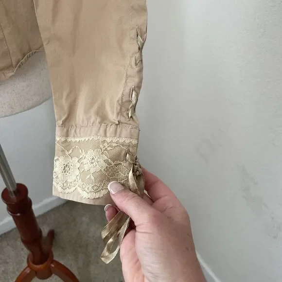 Andrew & Co Women’s Blouse L Tan Lace-Up Long Sleeve Victorian Romantic Cotton - Picture 9 of 10